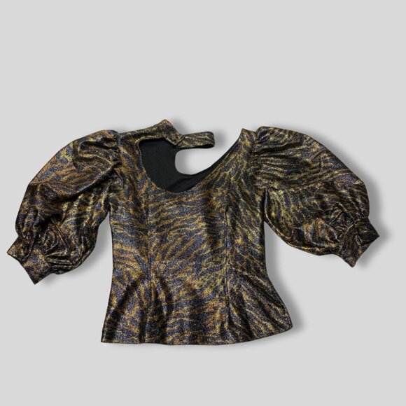 GANNI Metallic Puff Sleeve Top Animal Print Keyhole Neck Size 36 - Picture 2 of 6